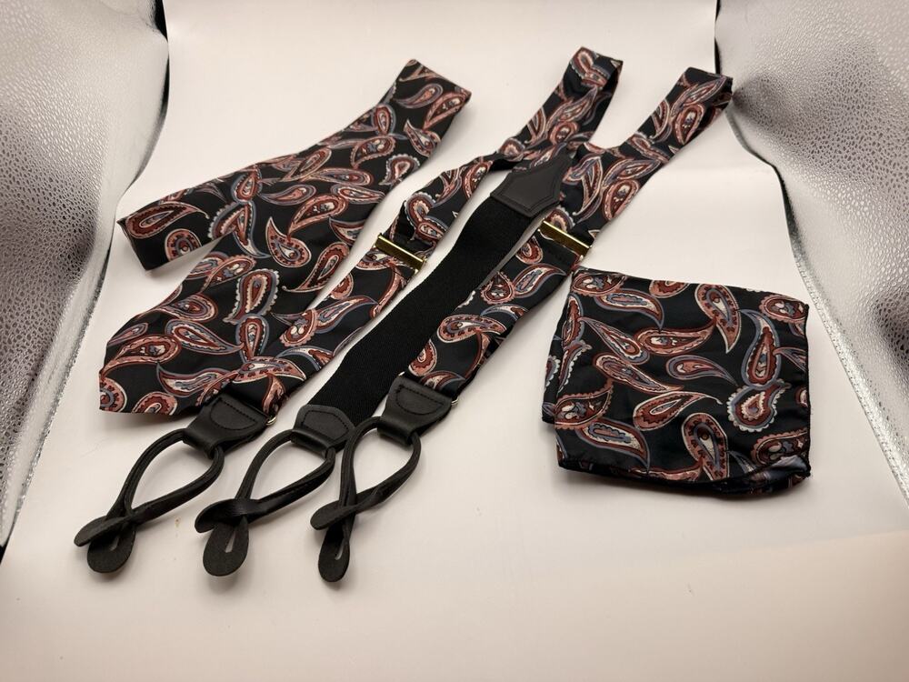 Giovanni Sciarpa Burgundy Tie, Adjustable Suspenders, & Handkerchief Set #14R